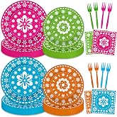 96 Pcs Mexican Fiesta Party Supplies Set, Serves 24 – Colorful Papel Picado Floral Paper Plates, Napkins, and Forks, Disposable Tableware for Cinco de Mayo, Birthday, and Fiesta Themed Decorations