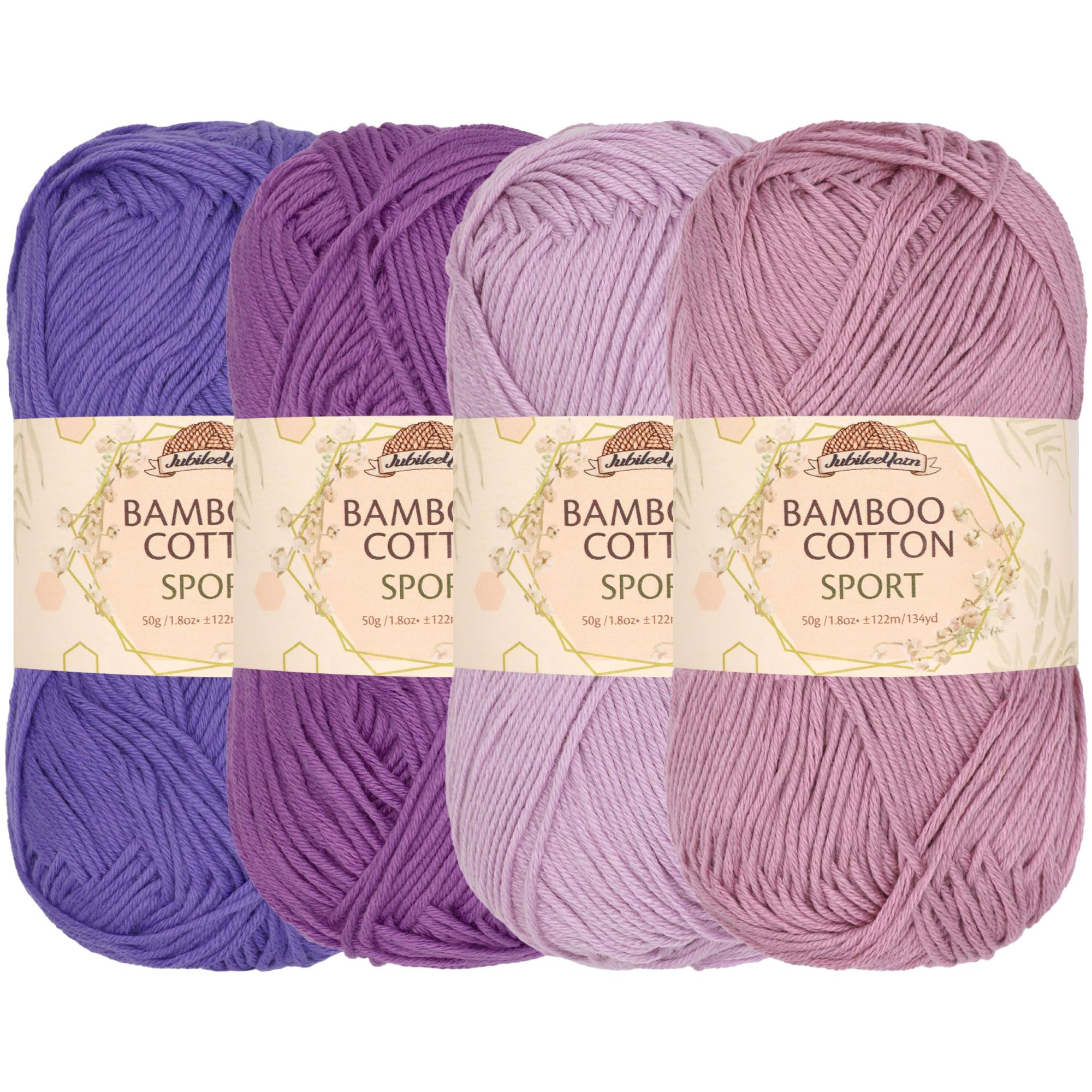 JubileeYarn Bamboo Cotton Sport 4 Ply Yarn - 50g/Skein - Shades of Purple - 4 Skeins