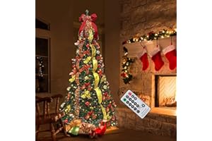 GAMEXCEL 6.5FT Pop Up Christmas Tree with Lights and Decorations & Remote & Timer, Prelit Fully Decorated Pull Up Artificial Christmas Tree with Xmas Ball Ornaments Bows Ribbons for Xmas Party Decor
