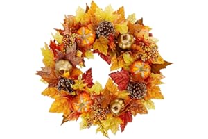 Stopsad 16" Fall Wreath, Autumn Harvest Wreath, Pumpkins and Artificial Maple Leaves, Pine Cone and Berries, for Front Door Wall Indoor Outdoor Halloween Thanksgiving Decorations