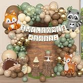 167Pcs Woodland Animals Baby Shower Decorations with Welcome Baby Banner | Woodland Balloon Arch Garland Kit with Sage Green Brown Forest Animal Foil Balloons for Neutral Gender Reveal Party Supplies