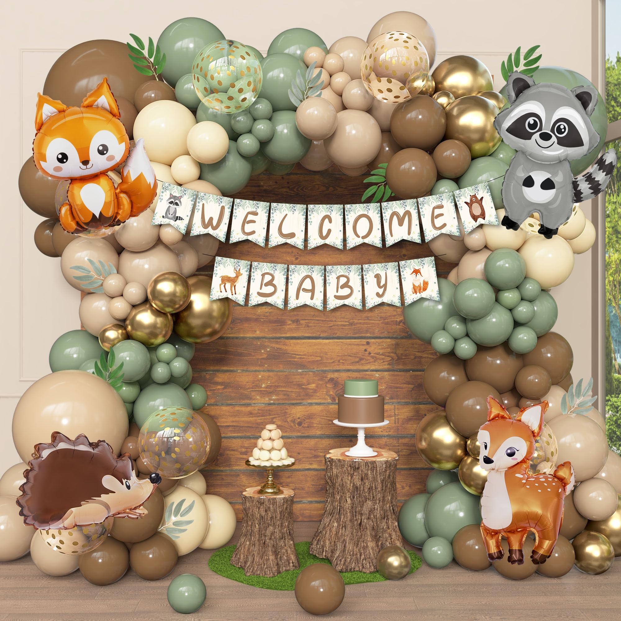 Photo 1 of 167Pcs Woodland Animals Baby Shower Decorations, Woodland Balloon Garland Arch Kit with Welcome Baby Banner Sage Green Brown Neutral Forest Animal Foil Balloons for Forest Safari Jungle Party Supplies