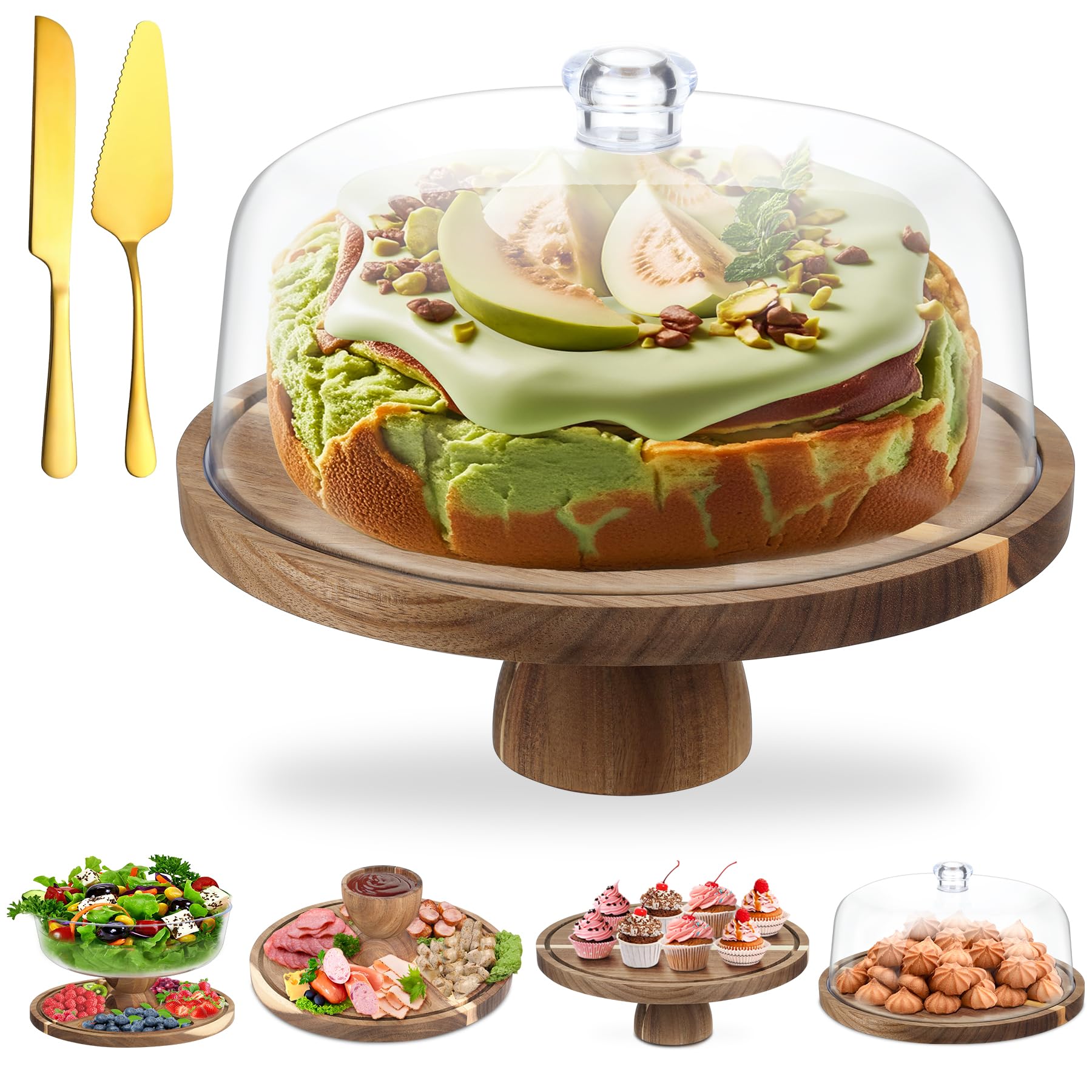 Photo 1 of ASTROLIN Acacia Wood Cake Stand with Lid, 12'' Round Cake Holder with Clear Acrylic Cover, 2 in 1 Dessert Table Display Set & Charcuterie Board, Kitchen Decor for Birthday or Wedding