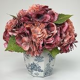 YalzoneMet 3 Pcs Rust Red Hydrangea Artificial Flower 21'' Real Touch Big Bloom Macrophylla Hydrangea for Wedding Table Centerpiece Home Living Room Kitchen Halloween Decor