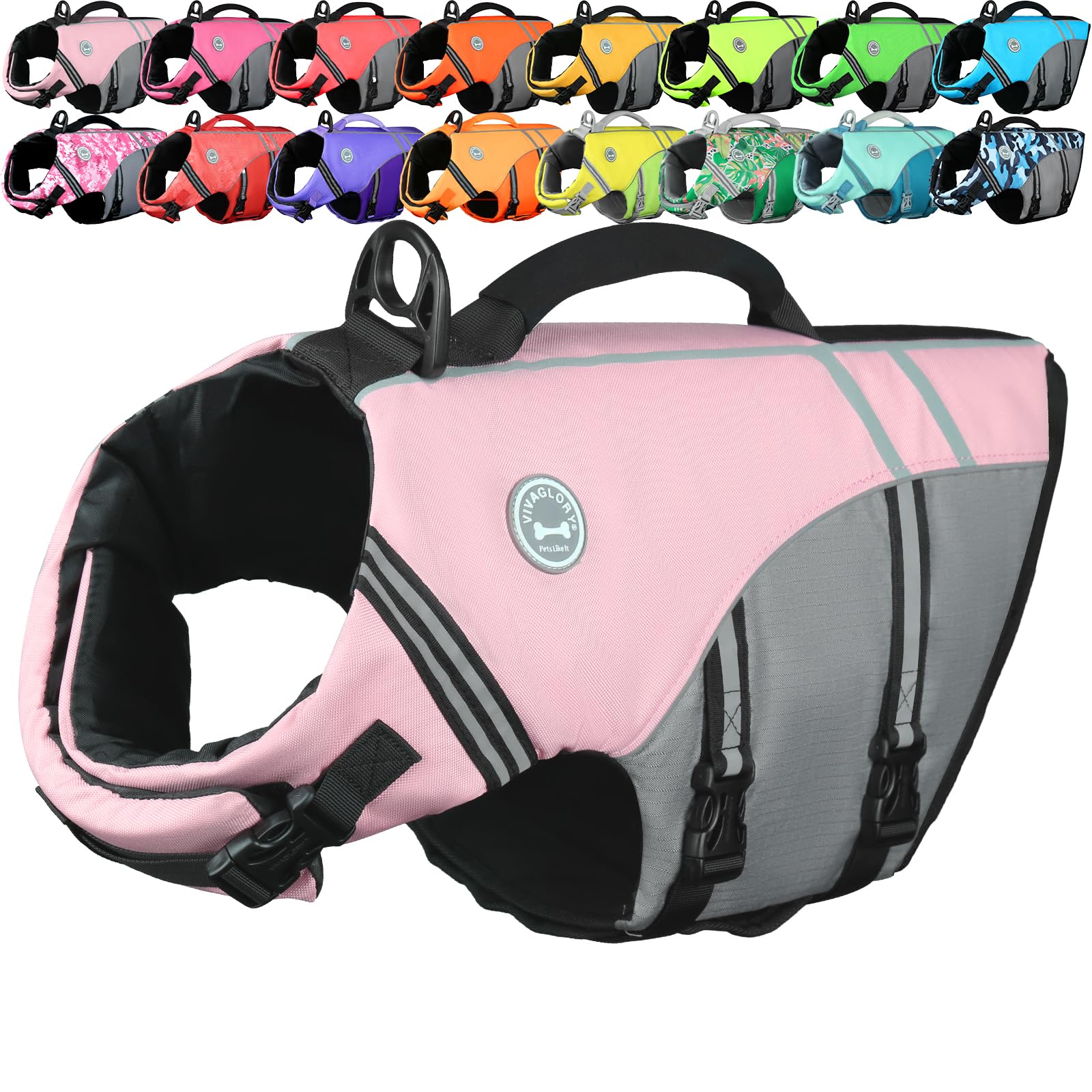 VIVAGLORY Sports Style Dog Life Jacket, Dog Buoyancy Jacket for Swimming & Boating, Ripstop & Buoyancy for Doggy, Life Vest with Handle, S, Sakura Pink