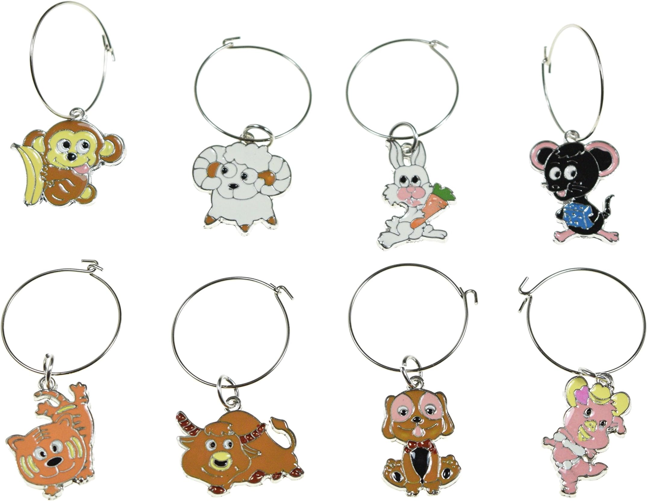 Animal Wine Glass Charms - Set of 8 Colorful Animal Charms, Monkey, Sheep, Rabbit, Mouse, Cat, Bull, Dog and Pig Wine Charms - Tags to Mark Your Drinks