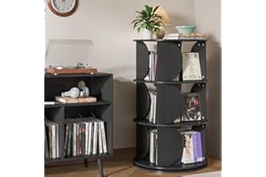 Fsbecl Rotation Vinyl Record Storage Shelf, CD Storage Racks, 3-Tier Media Tower Stand, Mid Century Modern Vinyl Record Display Holder to 300 Albums for Living Bedroom (Black)