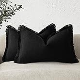 Foindtower Set of 2 Decorative Linen Fringe Lumbar Throw Pillow Covers Boho Farmhouse Cushion Cover with Tassels Soft Accent Pillowcase for Couch Sofa Bed Living Room Home Decor,12×20 Inch,Black