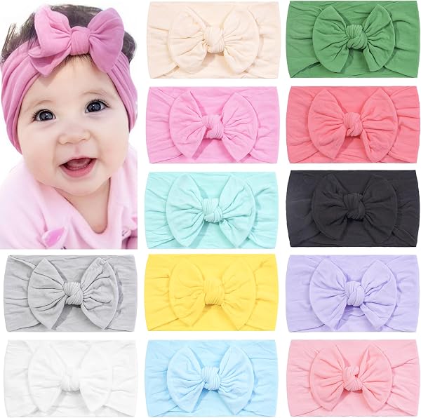 CÉLLOT Super Stretchy Soft Knot Baby Girl Headbands with Hair Bow Head Wrap | 12 Colors Bow Hair Accessories For Newborn Baby
