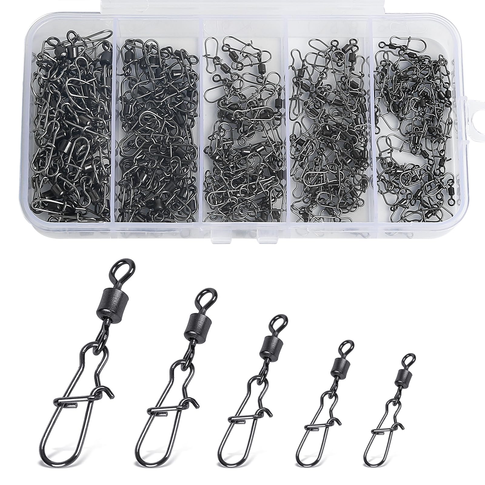 Realure 200 Pcs Rolling Fishing Swivels and Clips, Duo Lock Snaps Swivels for Carp Fishing Accessories Swivels 4# 6# 8# 10# 12# Barrel Fishing Connector Swivel (200 Pcs(4# 6# 8# 10# 12#))