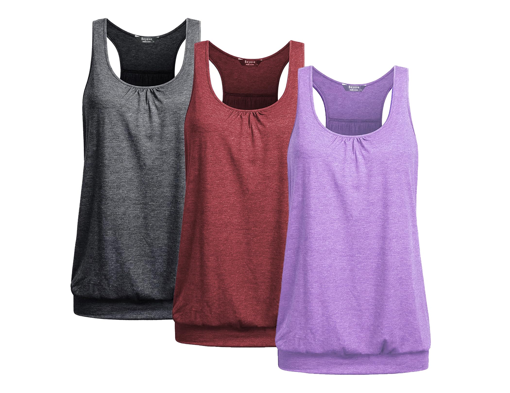 Beyove 3 Pack Loose Fit Workout Tops for Women Lightweight Banded Bottom Yoga Tank Tops Tummy Flattering Gym Shirts, Dark Grey + Red + Light Purple Image