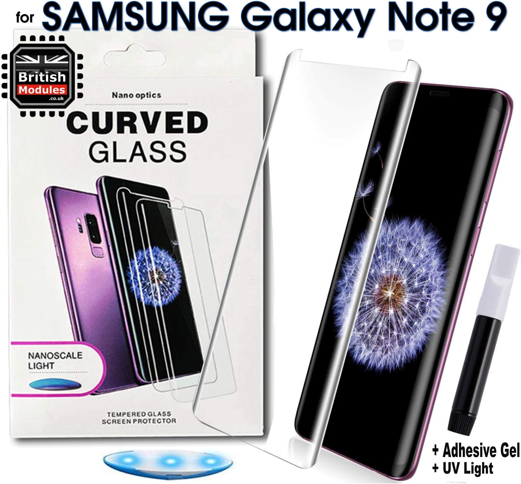 British Modules Samsung Galaxy Note 9 UV Nano Optics 3D 9H Curved Tempered Glass Screen Protector [Liquid UV Gel] [High Sensitivity] [Bubbles Free] [Case Friendly] [Ultra Thin] [Scratch Resistance]