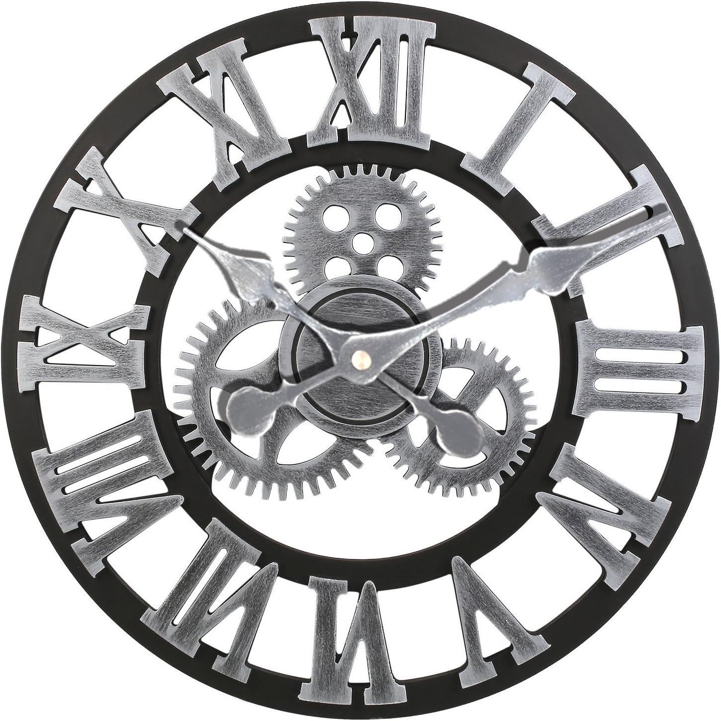 Upuptop Handmade Vintage Industrial 3D Gear Style Quiet Round Wooden Wall Clock Roman Numerals Design 16inch Silver