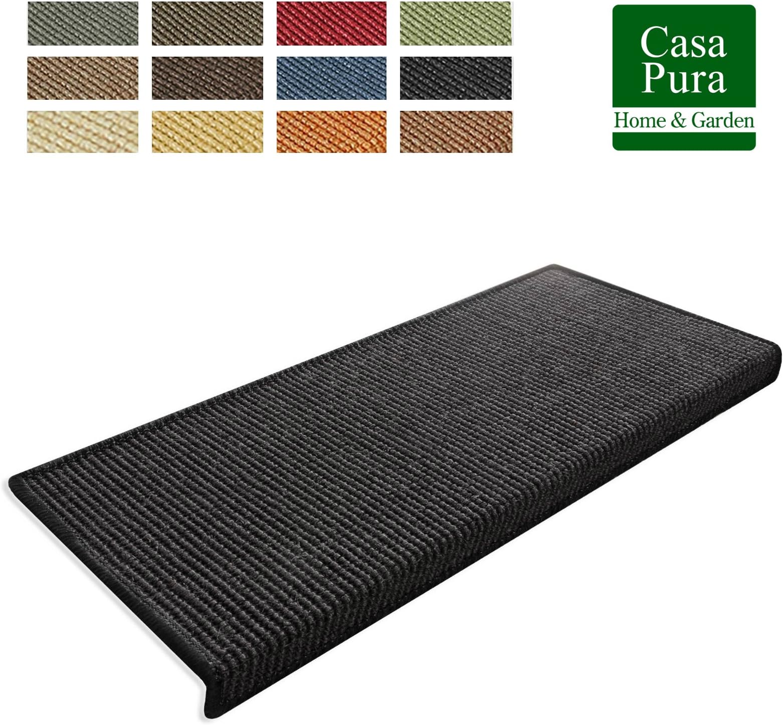 casa pura Premium Sisal Treads - Sisal Stair Tread Mats | 15 Piece Set | Black - 25x65cm (Rectangular)