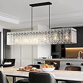 Danshinro 4FT Long Chandelier for Dining Room - Black Dining Room Light Fixture Linear Crystal Design with Water Ripple Glass