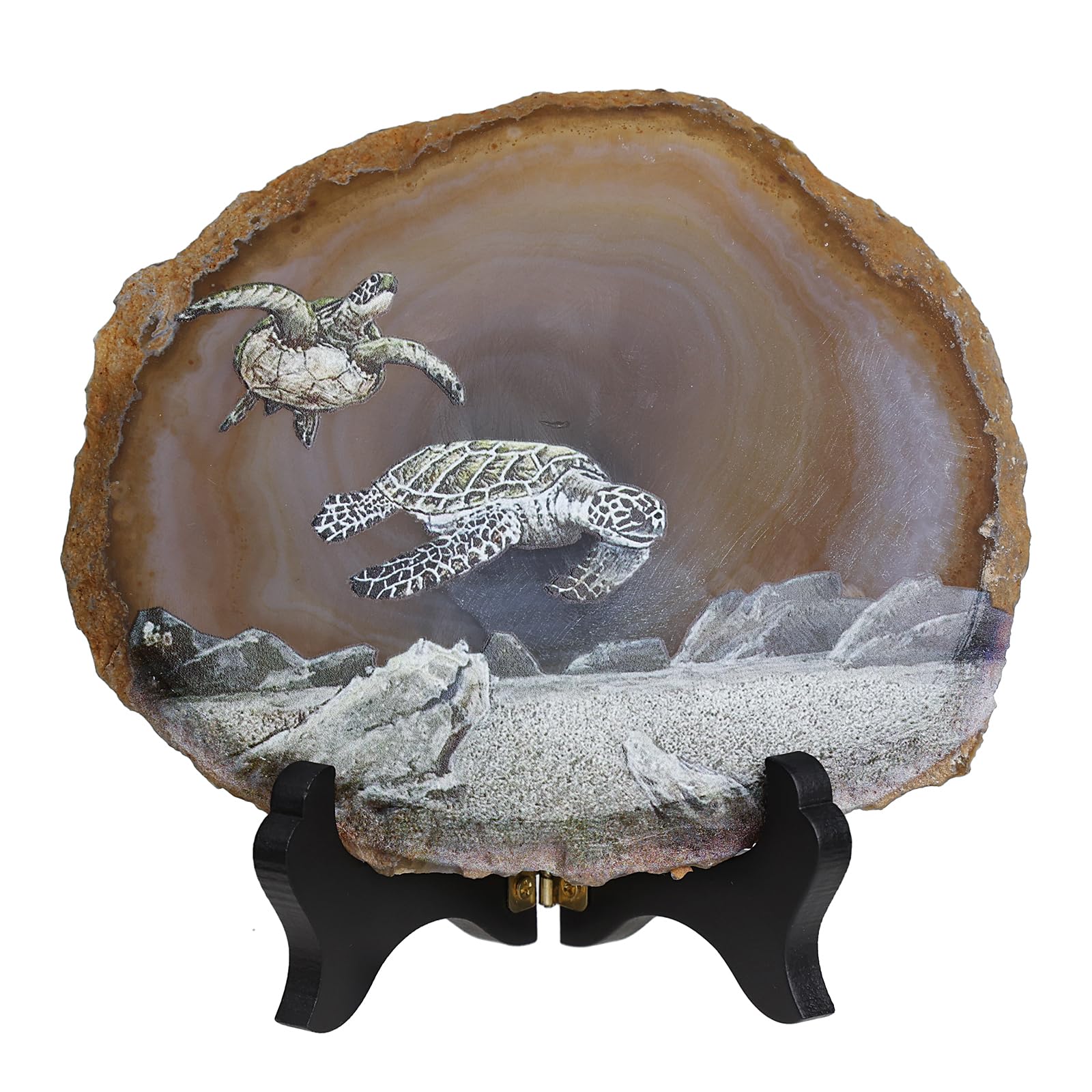 Mookaitedecor Sea Turtle Agate Stone Ornament with Stand - Good Luck Feng Shui Crystal Home Decor, Healing Crystal Animal Sea Turtle Gift Ornament Housewarming Gift