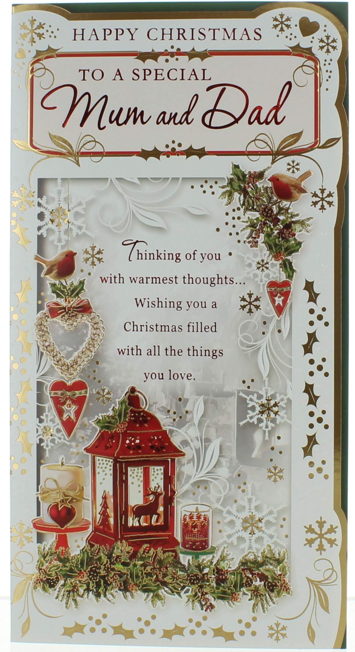 Mum & Dad Christmas Card - Lantern Robins Candles and Foil 9"x4.75