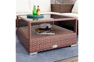 DIMAR GARDEN Outdoor Coffee Table Wicker Patio Rattan Side Table with Glass Top and Storage Shelf,29.5in Mixed Brown