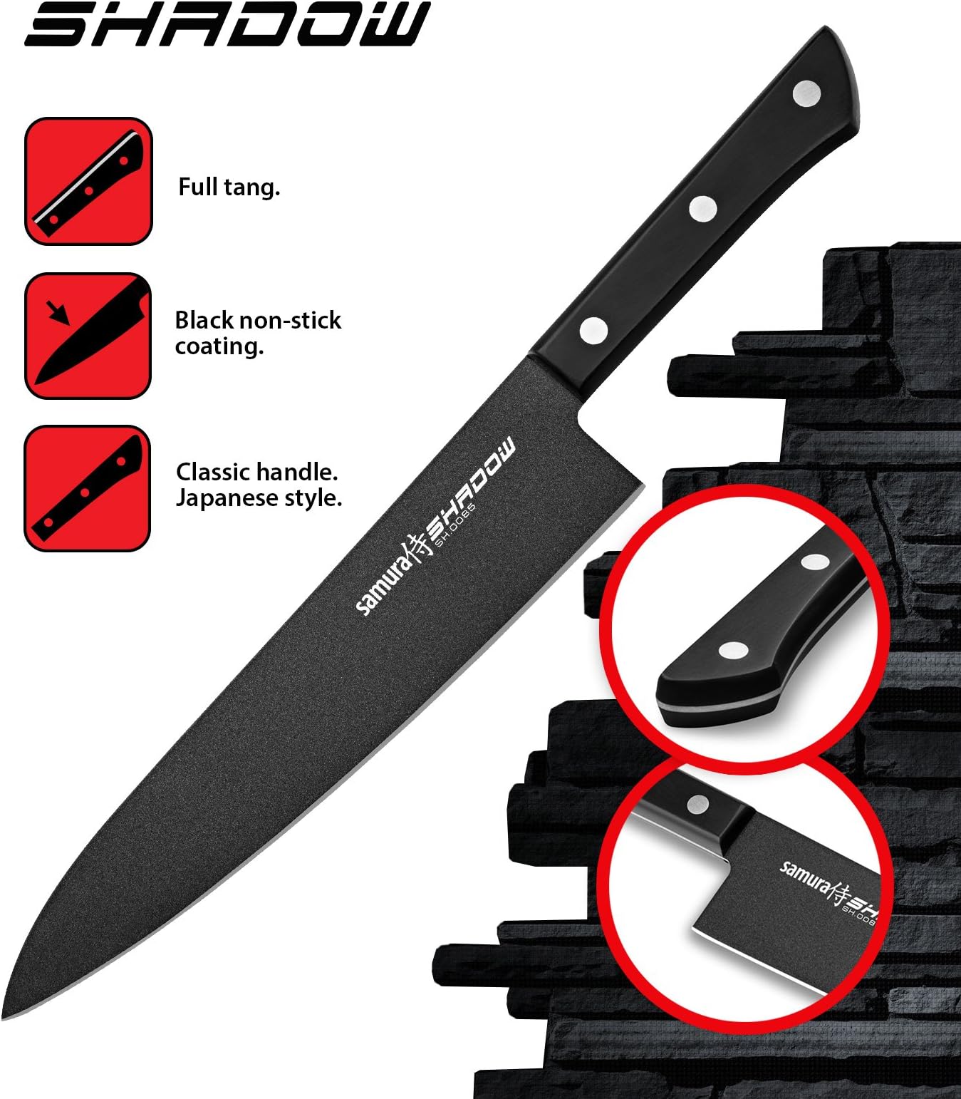 Samura Shadow Professional Japanese Chef’s Kitchen Knife with Black Non-Stick Coating 8,2"/208 mm. Hardness 59 HRC