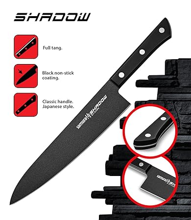SAMURA Profi Chefmesser Ultra-scharf, groß, aus japanisch AUS 8 Edelstahl, 20 cm Schwarze Klinge mit Anti-Haft Beschichtung, ergnomisch, rostfrei, Allzweckmesser, Gemüsemesser