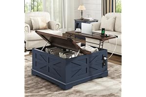 Hlivelood 36" Farmhouse Movable Lift Top Coffee Table with Storage and Power Outlets, Square Wood Living Room Tables with Wheels&Large Hidden Space, Lift Wooden Barn Door Center Table, Blue