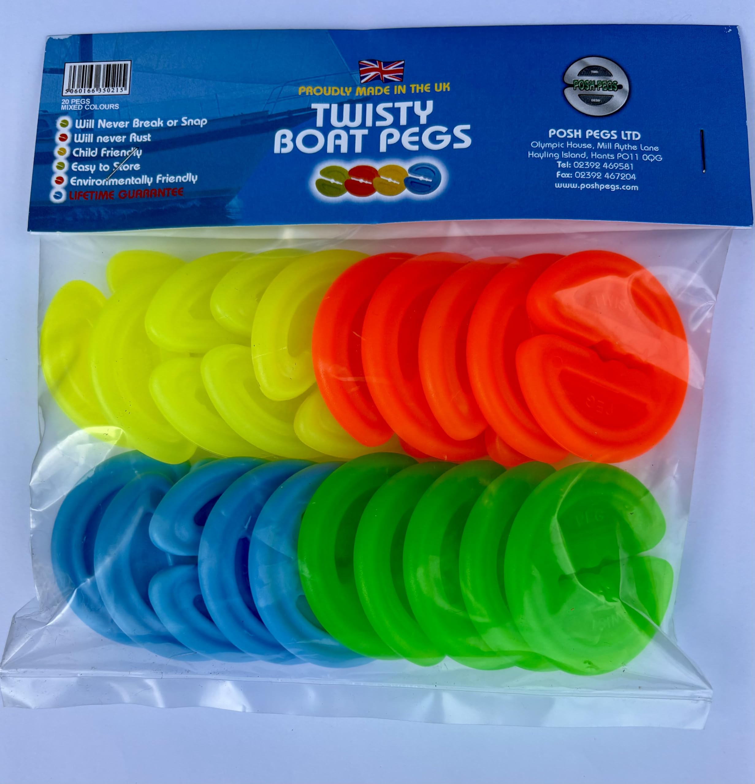 Posh Pegs Twisty Clothes Pegs (Pack of 20) - Blue/Yellow/Orange/Green