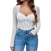 Avidlove Women Long Sleeve Bodysuit Sparkle Body Suits Top Mesh One Piece Leotard Shirt Going Out Tops Fall Outfits S-XXL