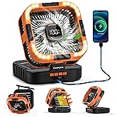 Sunoony Solar Camping Fan Rechargeable 10000mAh Battery Operated Tent Fan with LED Lantern,120°Head Rotation, LED Screen,Timer, 6 Speed Solar Powered for Outdoor Travel Beach Home