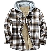 Derbars Men's Cotton Plaid Shirts Jacket Fleece Lined Flannel Shirts Sherpa Button Down Jackets with Hood for Men