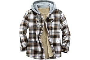 Derbars Men's Cotton Plaid Shirts Jacket Fleece Lined Flannel Shirts Sherpa Button Down Jackets with Hood for Men
