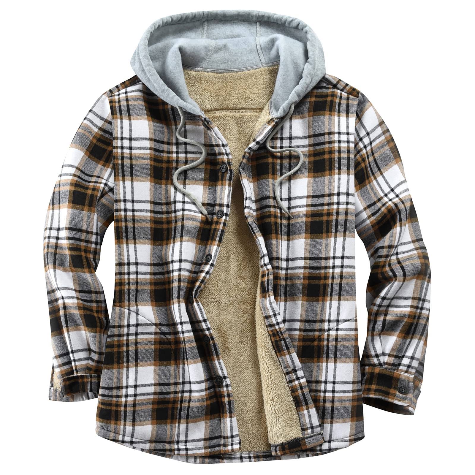 Derbars Men's Cotton Plaid Shirts Jacket Fleece Lined Flannel Shirts Sherpa Button Down Jackets with Hood for Men Black Line White Khaki XX-Large Image