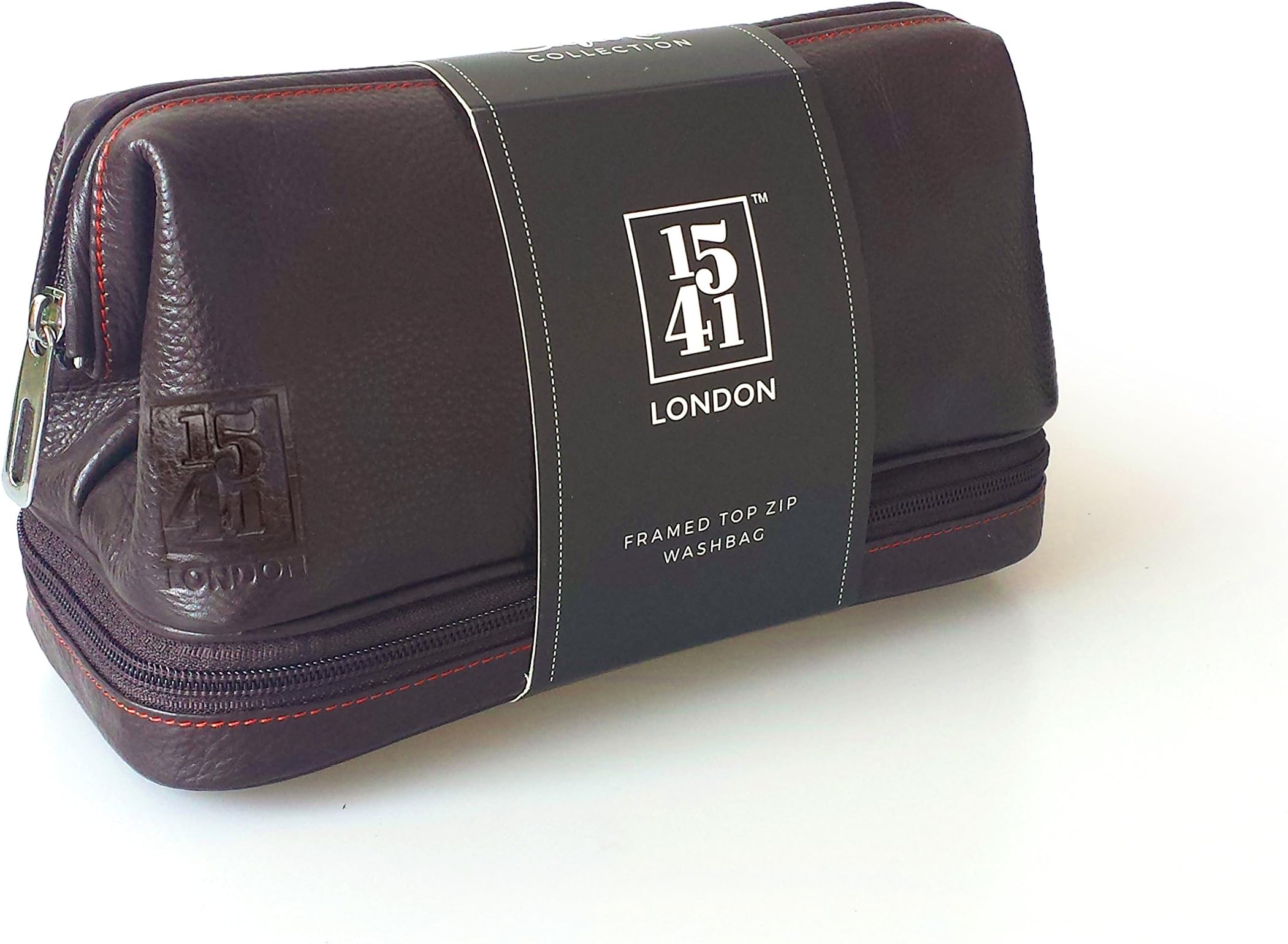 1541 LondonHand-Crafted Frame Top Zip Leather Travel Washbag (Dark Brown)