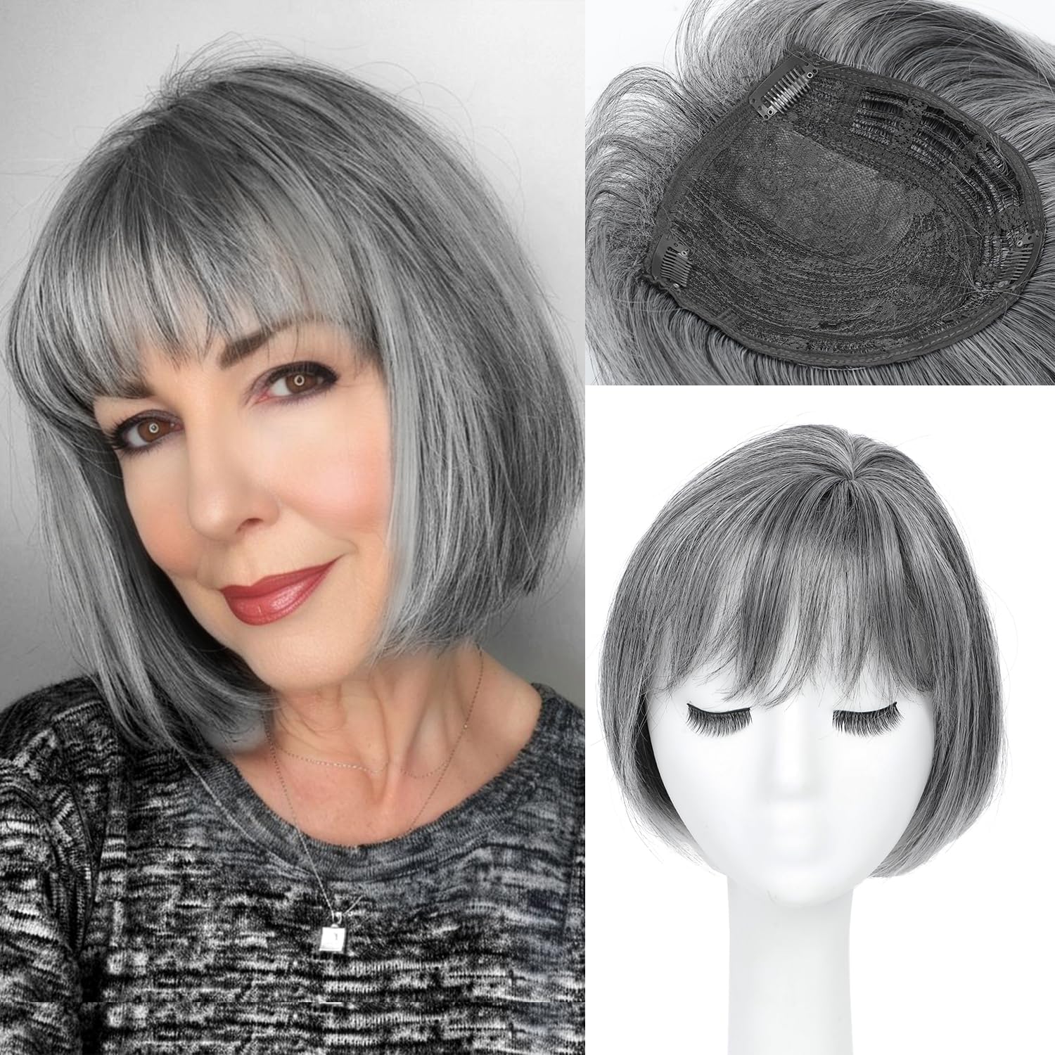 FLYROSEING Grey Mixed Hair Toppers for Women with Thinning Hair, Short Bob Hair Toppers with Bangs Side Part, Synthetic Wig Toppers for Thinning Hair