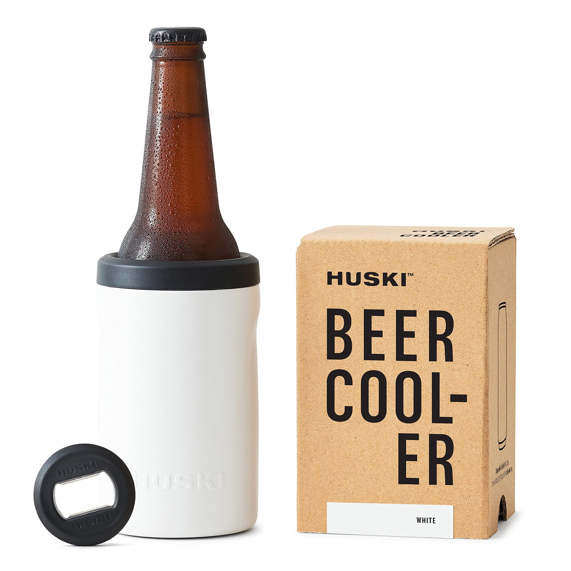 Huski Beer Cooler 2.0 | New | Premium Can and Bottle Holder | Triple Insulated Marine Grade Stainless Steel | Detachable 3-in-1 Opener | Works as a Tumbler | Best Gifts for Beer Lovers (White)