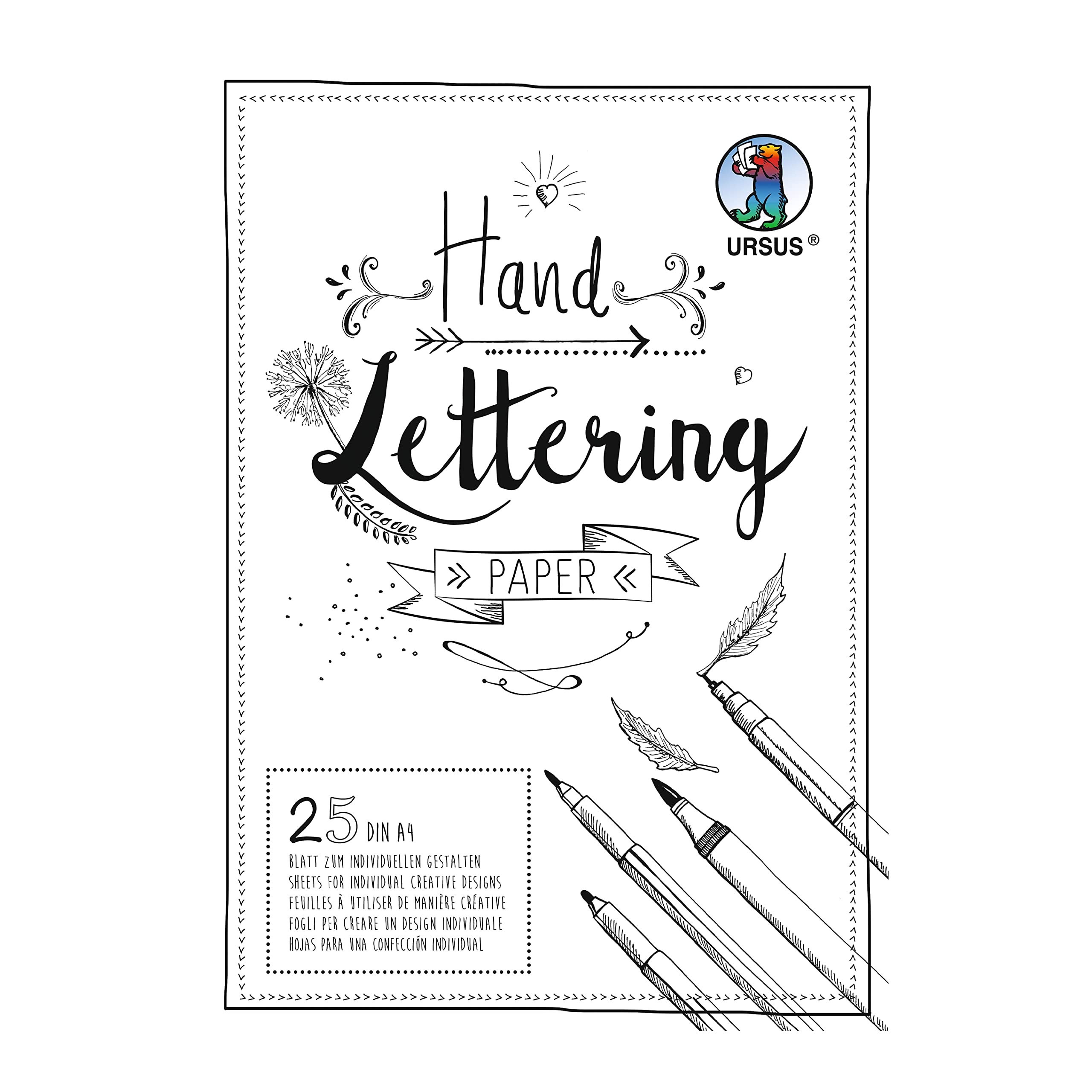 Ursus 24924601 Hand Lettering Paper, Pad with 25 Sheets of Coloured Card 200 g/m² DIN A4 for Customising White