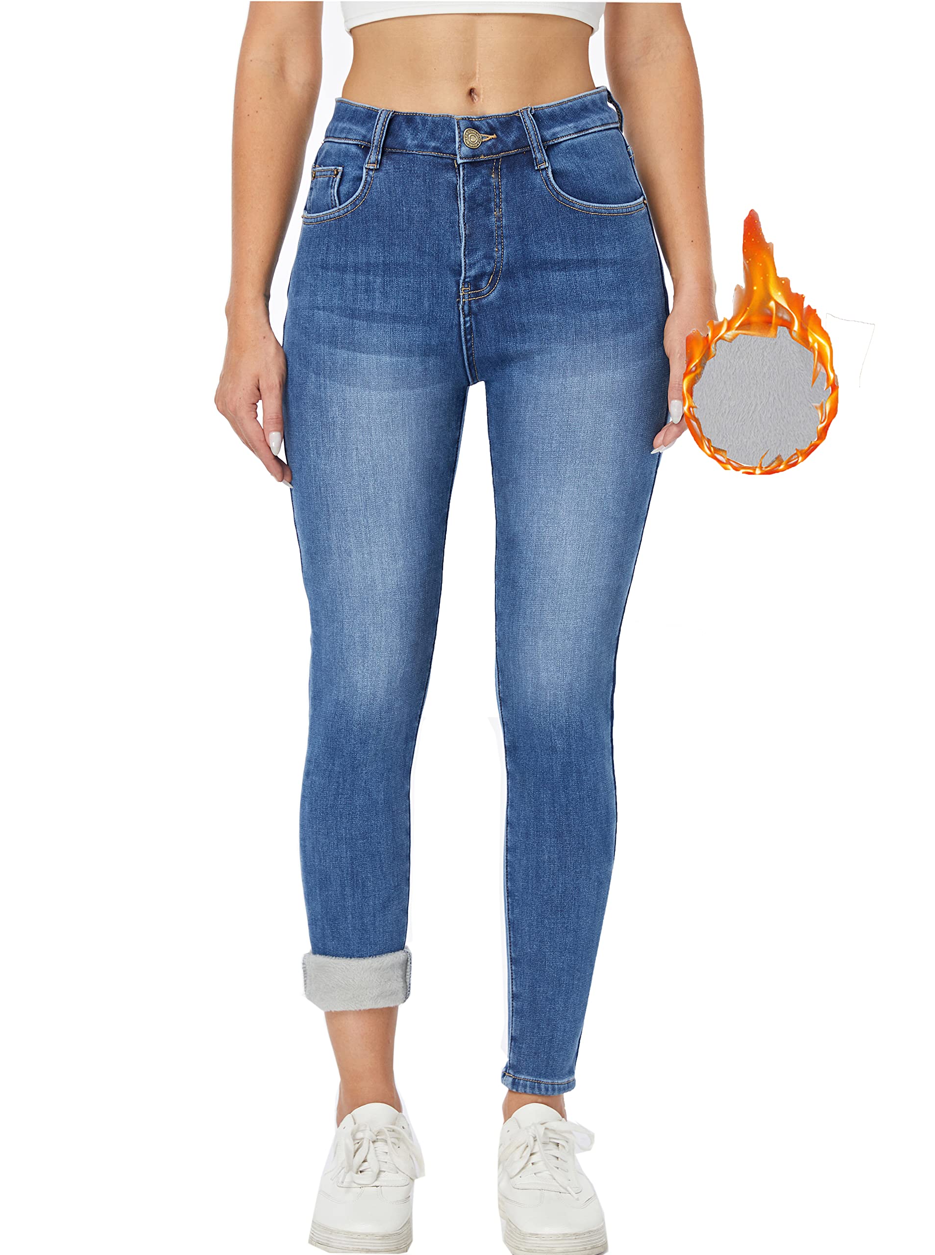 Photo 1 of heipeiwa Women's Fleece Lined Jeans Winter Jeans Thermal Stretch Warm Flannel Lined Skinny Denim Pants