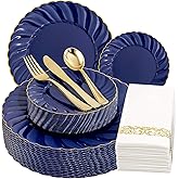 YOUBET 150PCS Blue Plastic Plates - Gold Plastic Silverware - Heavy Duty Navy Blue Disposable Plates include 50 Plates, 25 Forks, 25 Knives, 25 Spoons, 25 Napkins for Wedding Birthday Parties Hanukkah