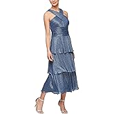 S.L. Fashions Womens Cross Neckline Midi Cocktail Dress with Tiered Skirt, Special Occasion Dress