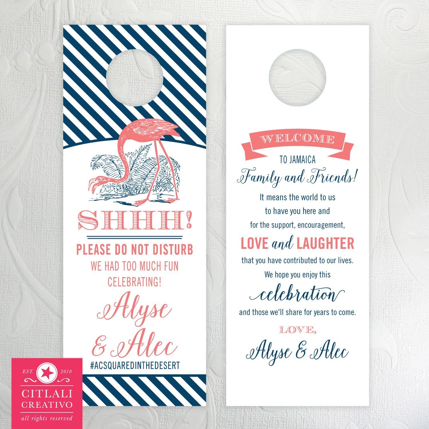 Flamingo Shhh Do Not Disturb Wedding Door Hangers (set of 10)
