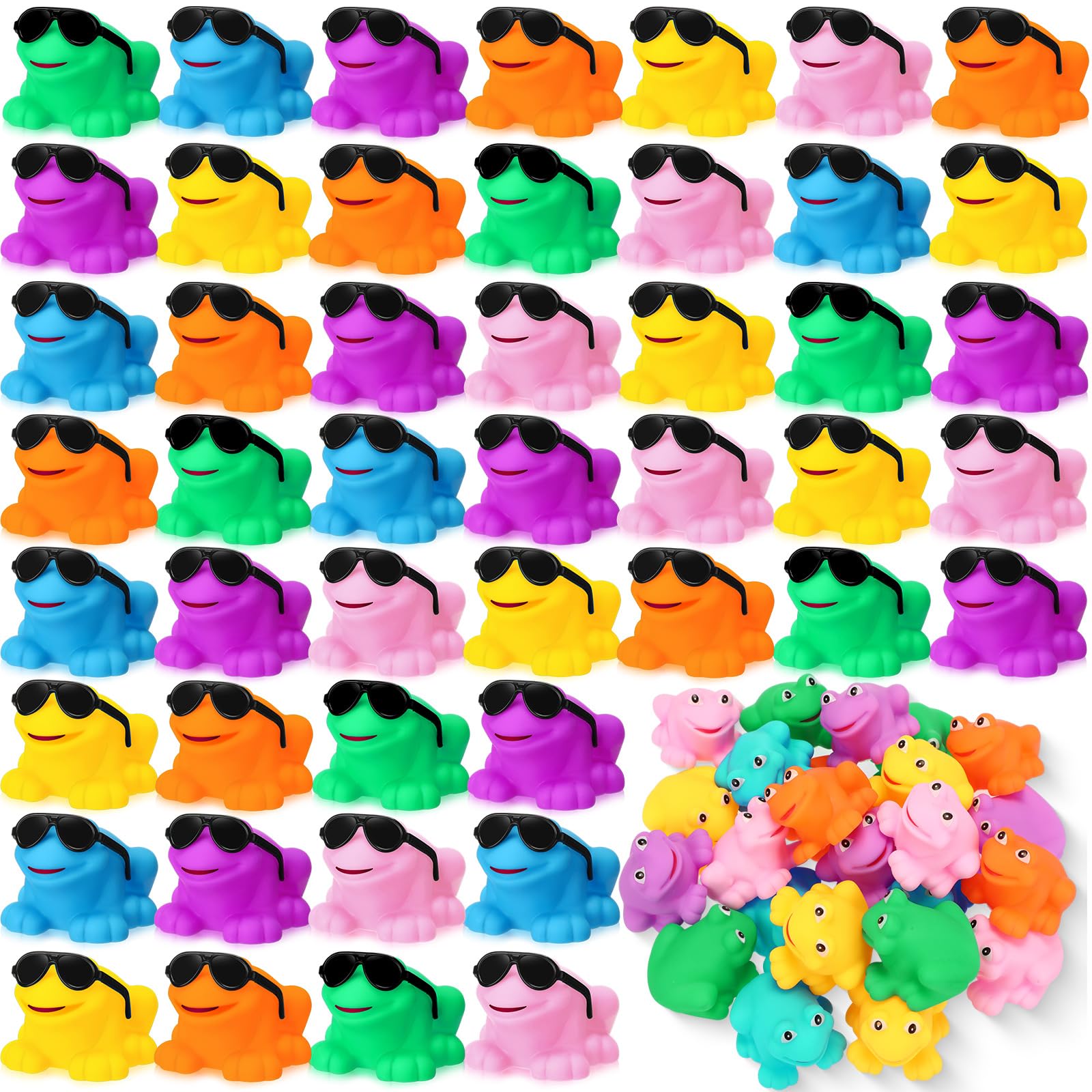 Photo 1 of Halloscume 24 Pack Mini Rubber Frogs Bulk with Sunglasses Small Squeaky and Floating Frog Toy Swimming Frog for Summer Birthday Party Easter Basket Stuffers Classroom Exchange Carnival Prize, Colorful