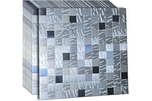 YMMXGE 10-Sheet Peel and Stick Backsplash for Kitchen， Metal Aluminum Mosaic Self Adhesive 3D Wall Sticker Panel 11.81"x11.81"x0.15", 9.6 sq.ft (10, Silver Printed and Silver Mirror)