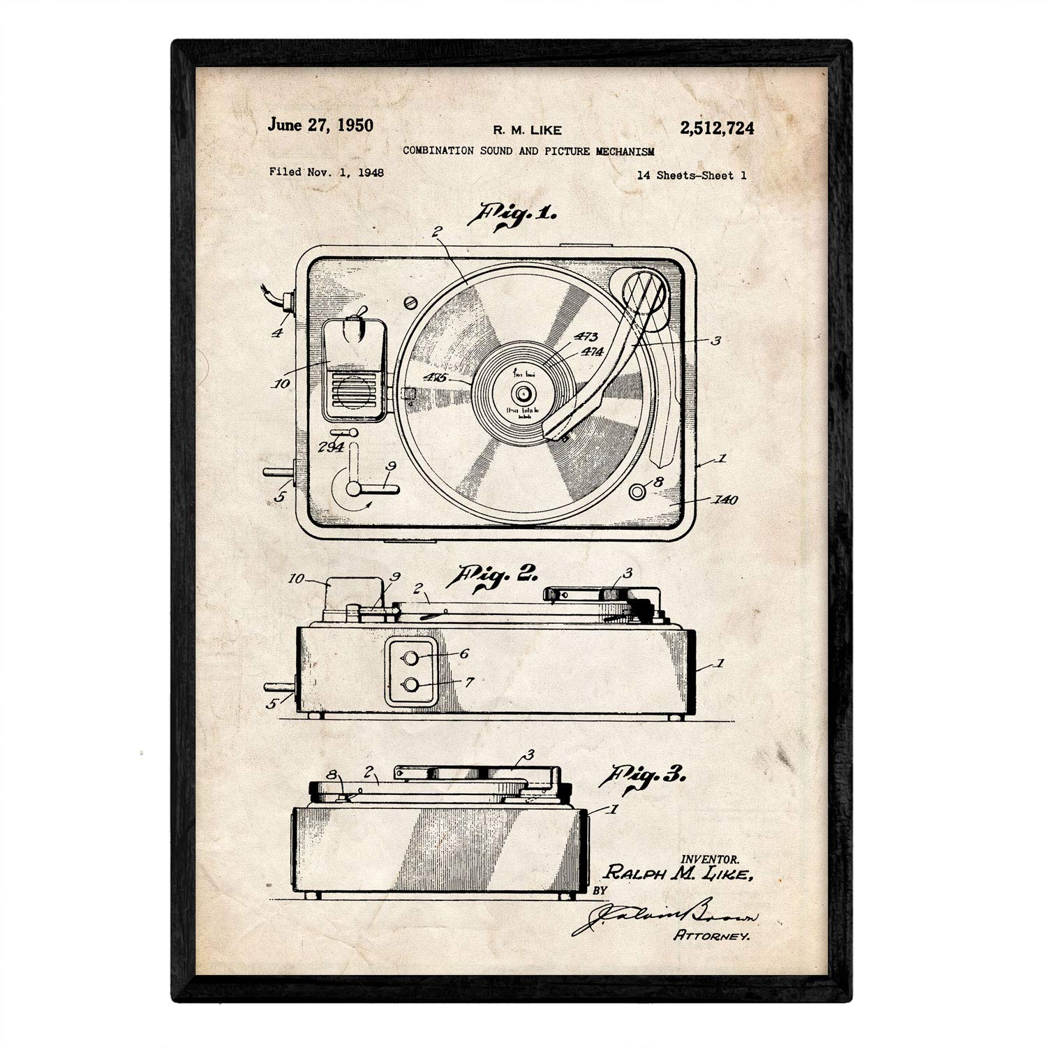 Nacnic Poster patent Sound and image 3. Foil with old design patent in A3 size and vintage background