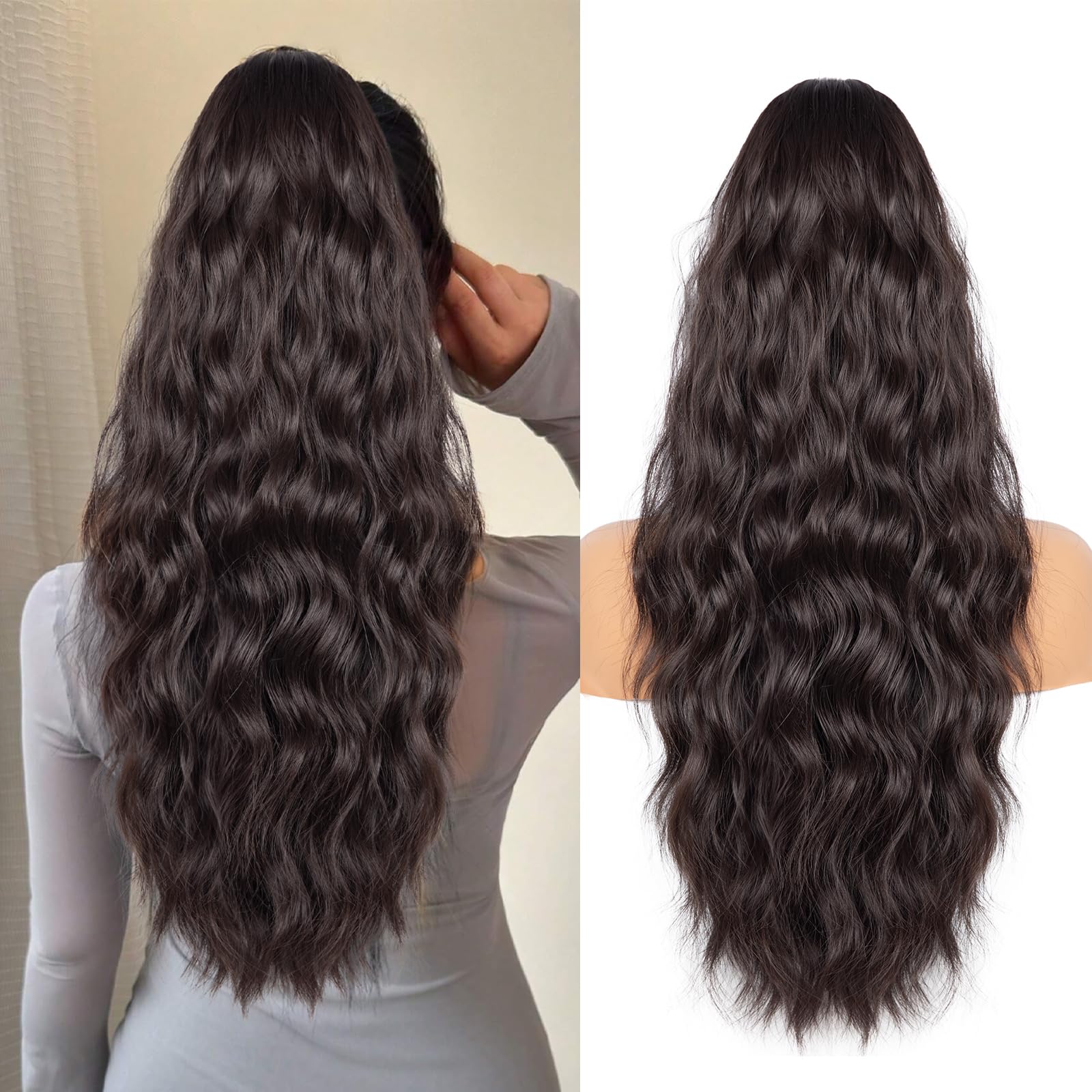 26 Inch Ponytail Extension, Long Wavy Hair Extensions, Synthetic Hair Pieces for Women, Soft Natural Pony Tails Extensions, Drawstring Ponytail Hair Extension (Dark Brown With a Slight Auburn Luster)