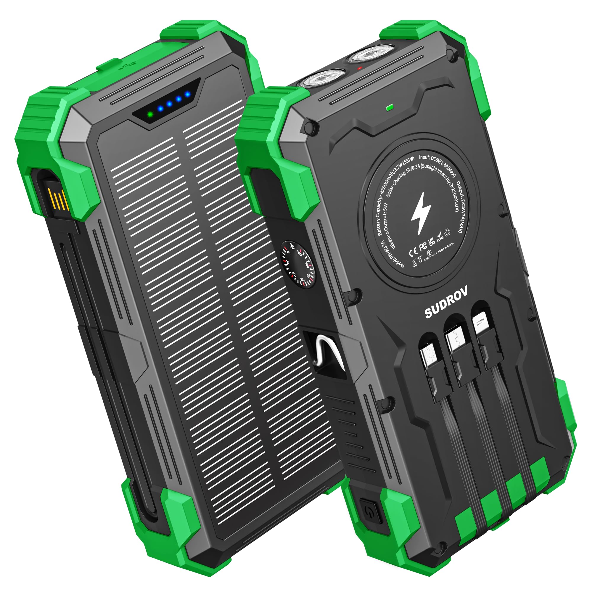 Photo 1 of Sudrov Solar Charger Power Bank, 42800mAh Wireless Portable Charger with USB-C in/Output, QC3.0 Fast Charging 15W 4 Ports Outdoor Battery Pack Built-in Dual Led Flashlights for iPhone Samsung etc