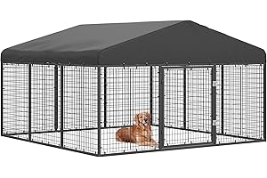 Petony Outdoor Dog Kennel Steel Ideal Dog Fence for Medium/Small Dogs Anti-Rust Coating Cage with Roof All Weather Resistant Dog House with Double Locks (118”W x 118”D x 72.5”H)