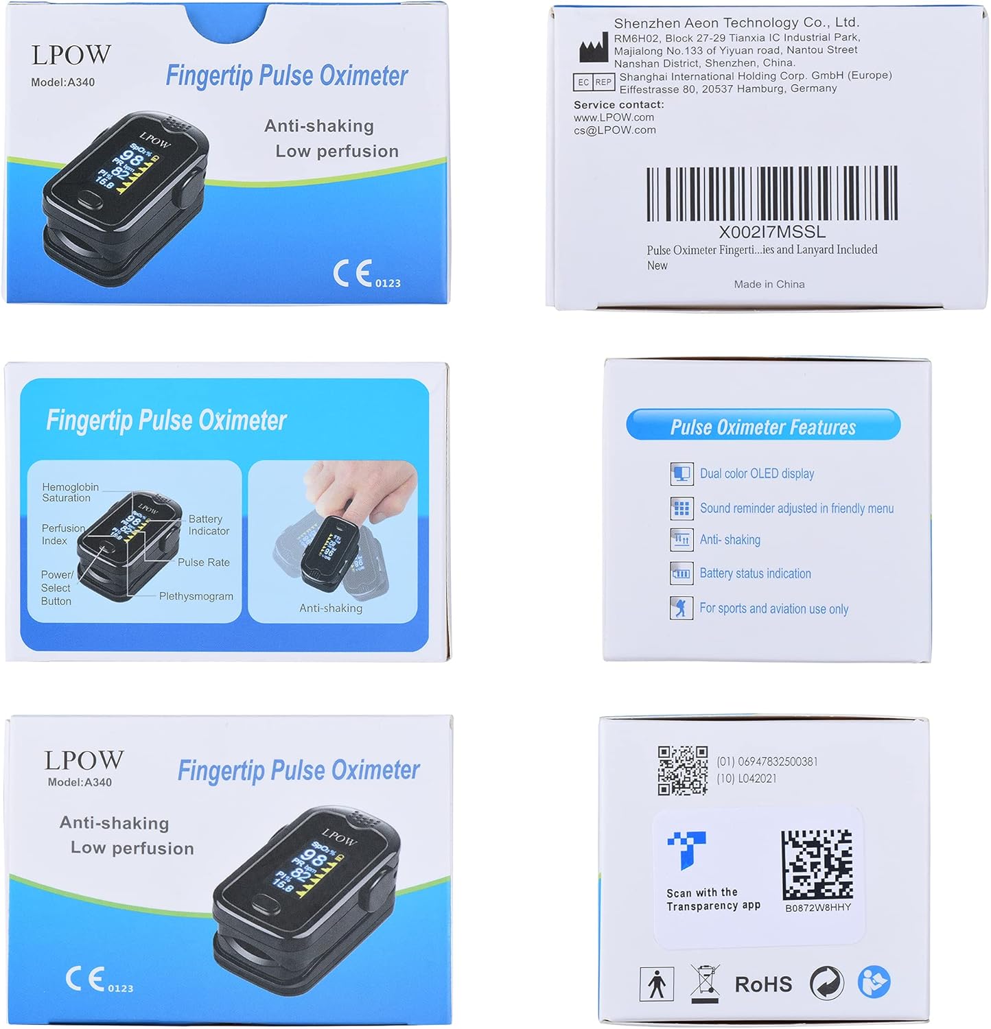 LPOW Pulse Oximeter Fingertip, Blood Oxygen Saturation Monitor for Pulse Rate, Heart Rate Monitor and SpO2 Levels with OLED Screen Display Batteries and Lanyard Included: Health & Personal Care