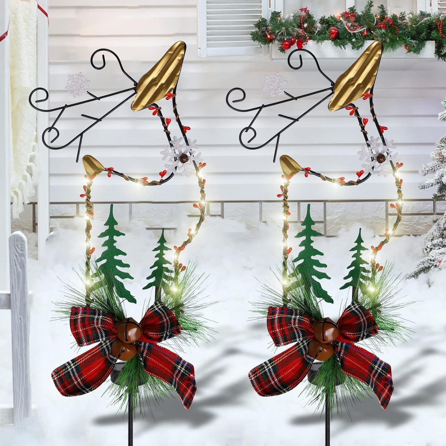 Decorative Garden Stakes - MorTime Set of 2 Solar Lighted Christmas Garden Stakes, 33in LED Reindeer Yard Stake Lights for Outdoor Garden Lawn Pathway Holiday Winter Christmas Decoration