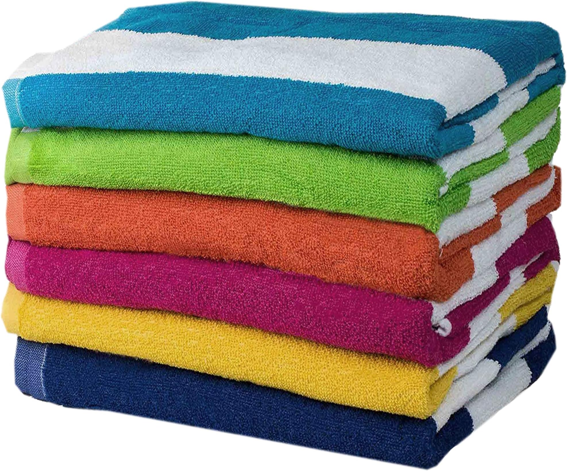 Copa Cabana Stripe Cotton Beach Towel Set, Over Sized Luxury 30 Inch Wide x 60 Inch Long Set of 6 - Soft and Plush Absorbent Terry Cotton Terry Pool, Spa Towel Set, 6 Color Pack, Multi