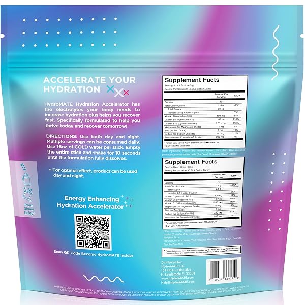 HYDROMATE ELECTROLYTES POWDER DRINK MIX PACKETS HYDRATION ACCELERATOR LOW SUGAR LOW CALORIE RAPID PARTY RELIEF RECOVERY PLUS VITAMIN C COTTON CANDY FLAVOR 16 STICKS