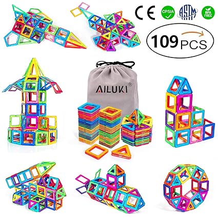 AILUKI Magnetische Bausteine 109 Stck DIY Kreative 3D Magnetische Bauklötze Set Konstruktion Blöcke Haus Turm Auto Spielzeug 